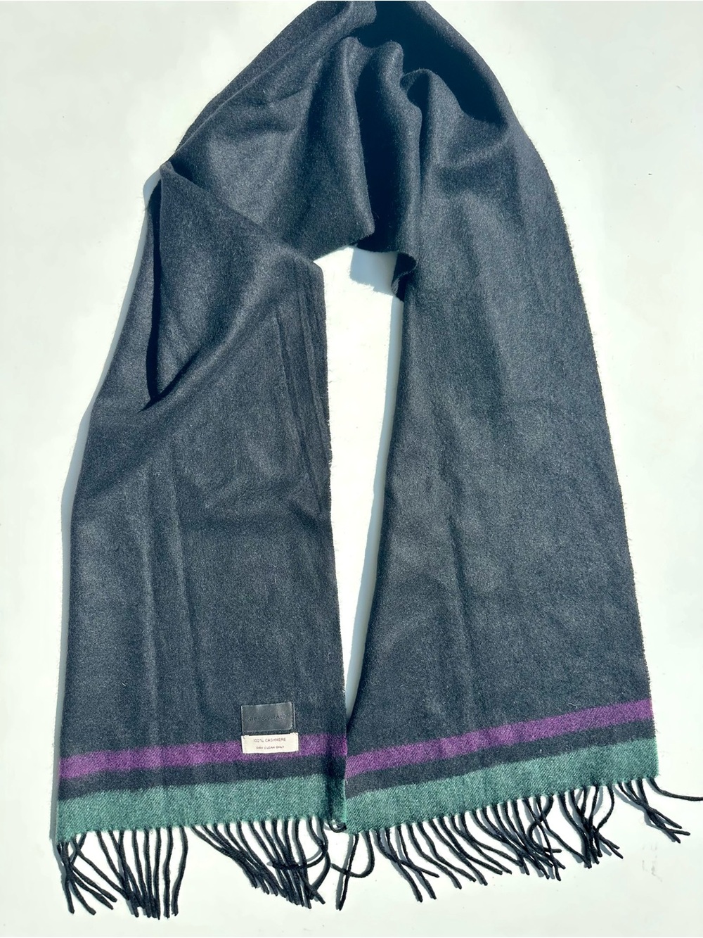 Jill Stuart 100% Cashmere Fringed Scarf with Green & Purple Stripe, 65”x12”